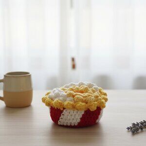Handmade Crochet Popcorn Coaster Set with Red & White Striped Basket New